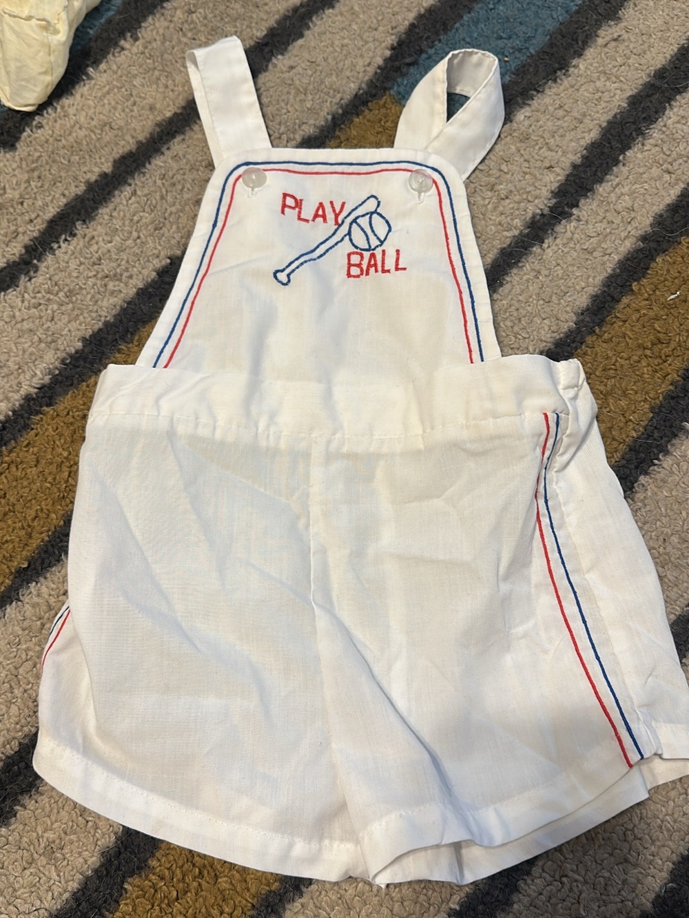 Vintage White 'Play Ball' Kids Overalls with Red & Blue Trim